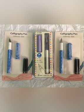 Pilot Kaküno Purple Fountain Pen + Two Blue Patterned Calligraphy Pens